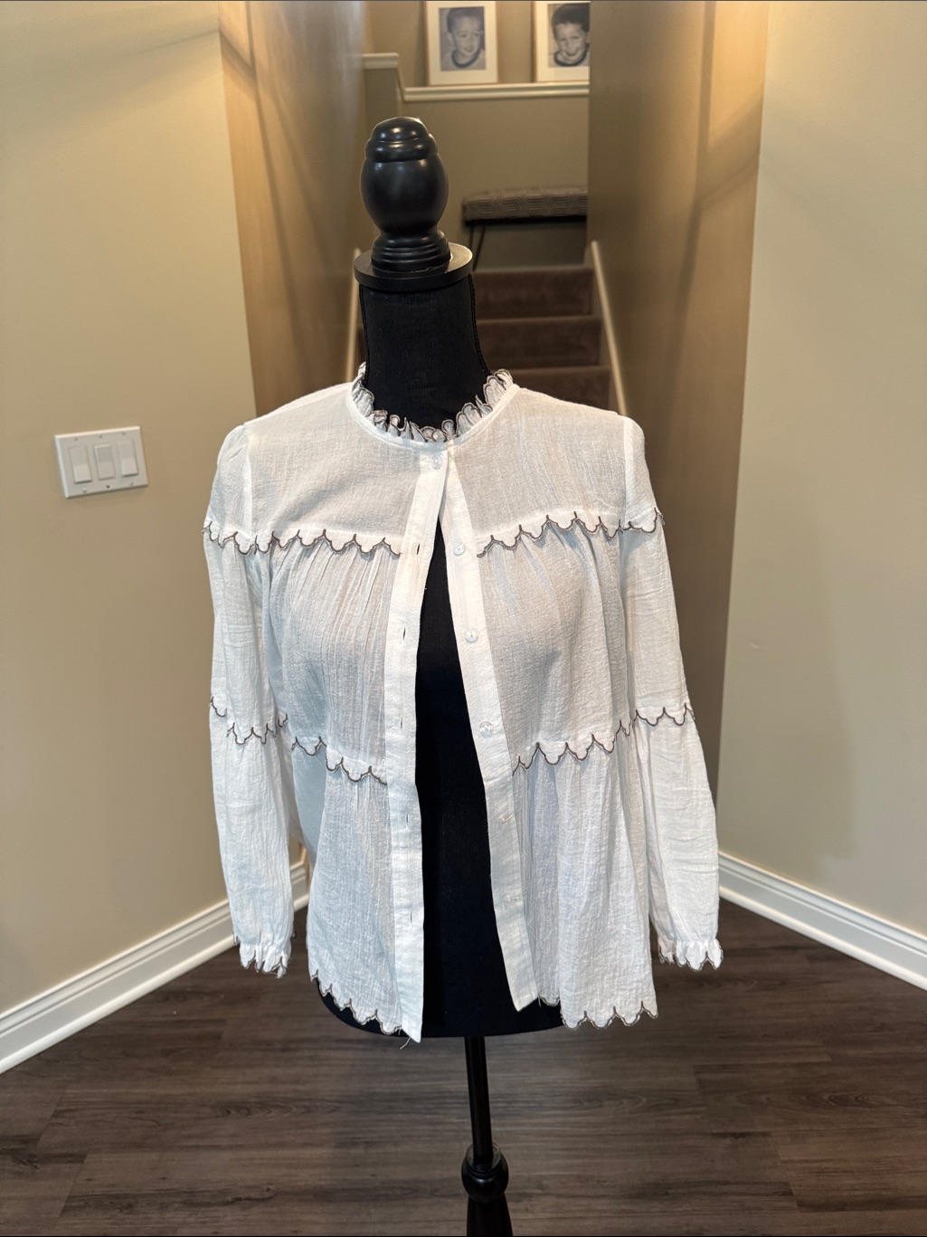 Anthropologie White Scalloped Trim Button-Down Blouse